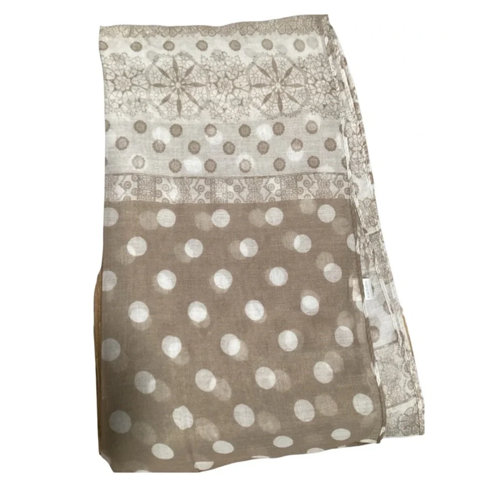 Polka Dot and Lace Mandala Print Lightweight Scarf Taupe Cream NEW approx 19X73